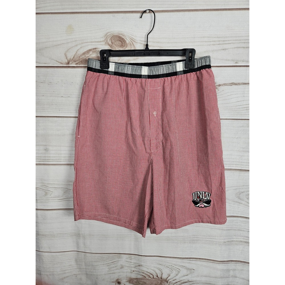 UNLV Rebels Mens Red Gingham Plaid Lounge Pajama Shorts Side Pockets Logo